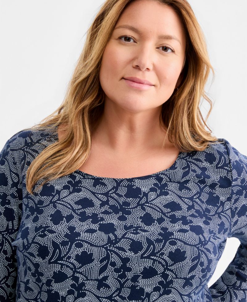 Plus Size Printed Long-Sleeve Scoop-Neck Top