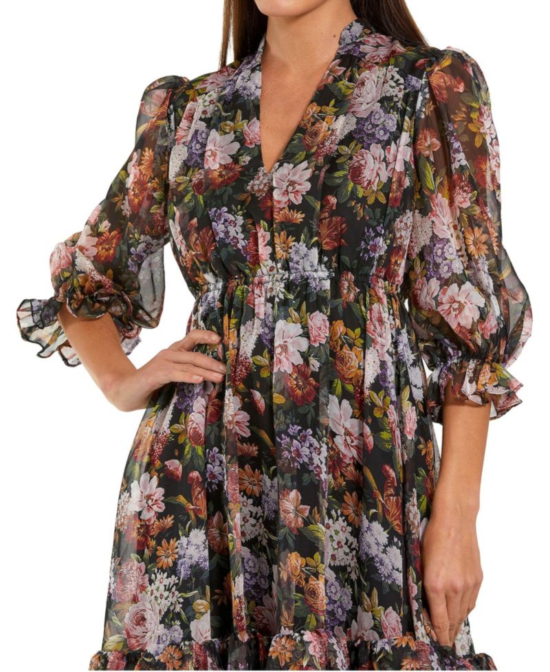 Women's Chiffon 3/4 Sleeve A Line Midi Dress With Ruffles