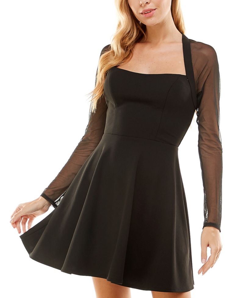 Juniors' Sheer-Long-Sleeve Skater Dress