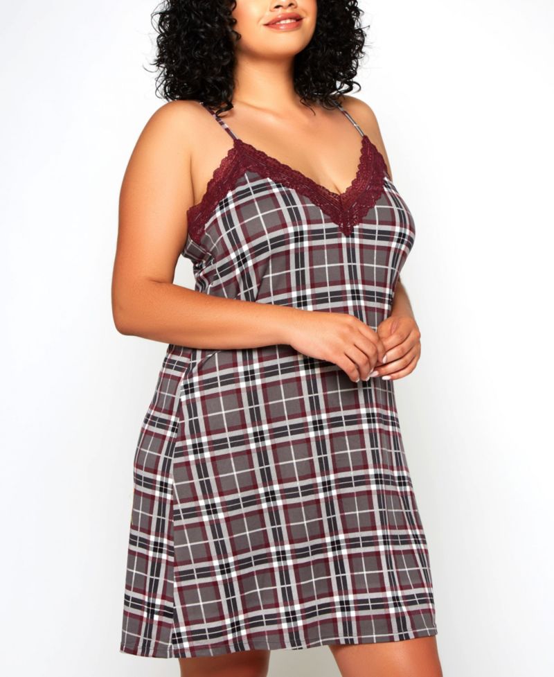 Plus Size Modal Plaid Trimmed in Elegant Lace 1-Piece Nightgown