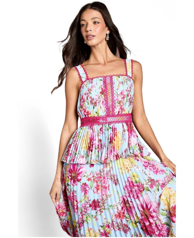 Women's Pleated Floral Square Neck Midi Dress
