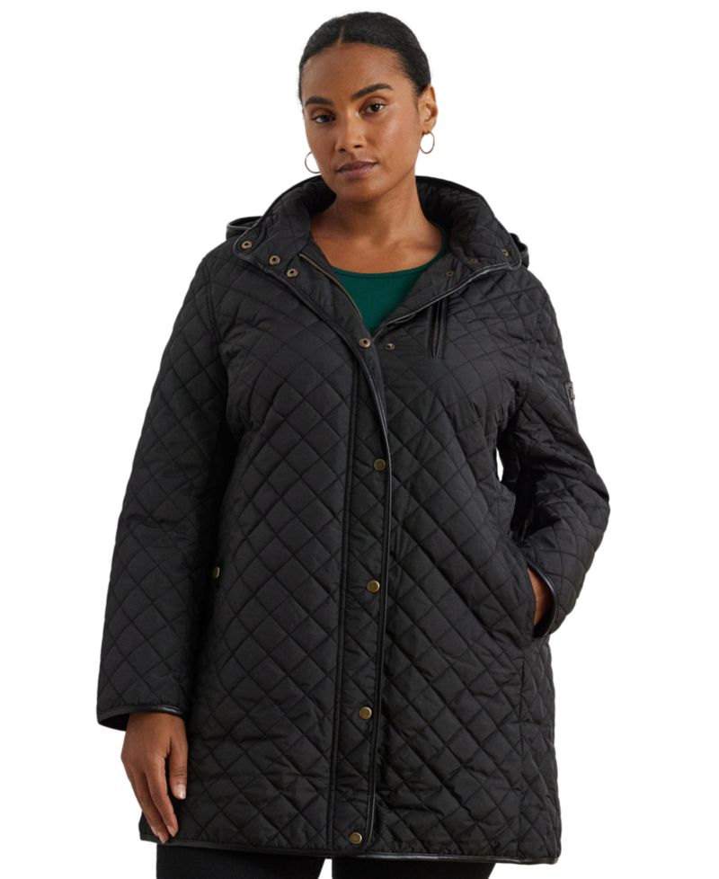 Plus Size Hooded Quilted Faux-Suede-Trim Coat