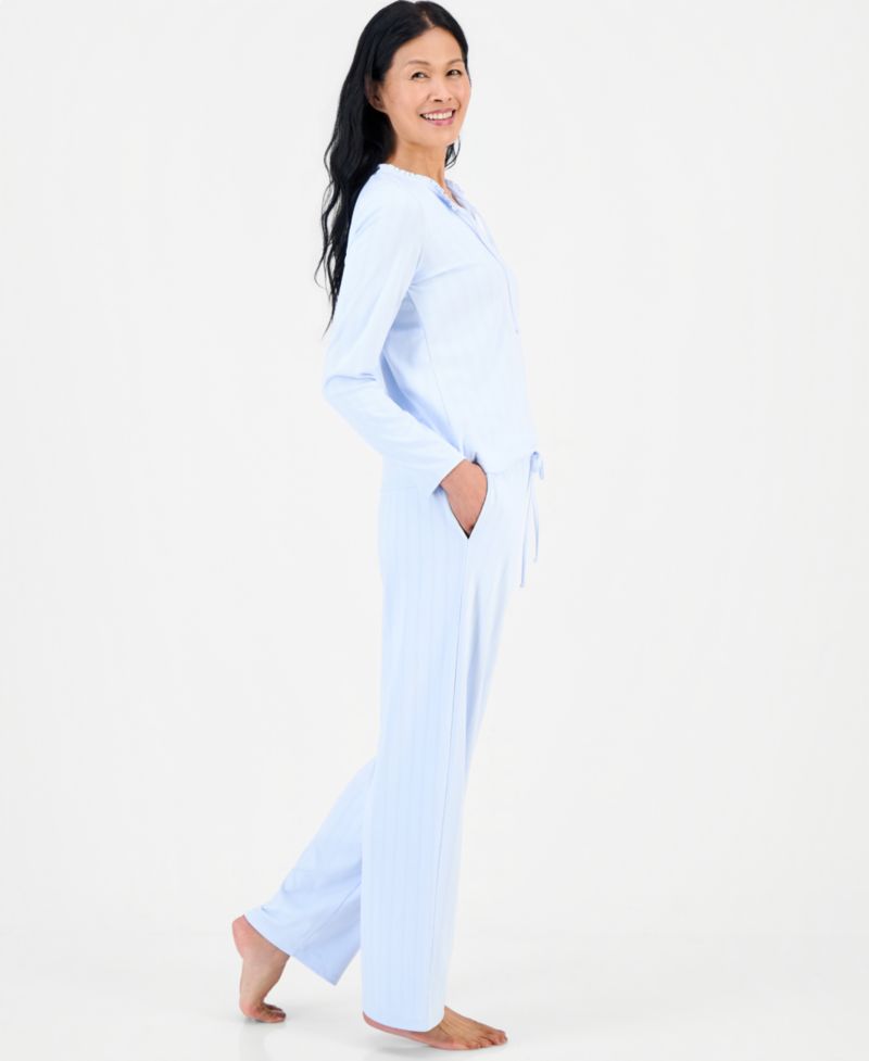 Women's Pointelle Long-Sleeve Bow Top and Pants Set