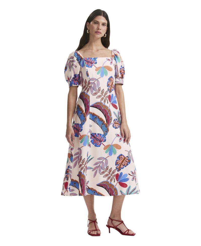 Women's Daisy Floral-Print Fit-and-Flare Square Neck Midi Dress