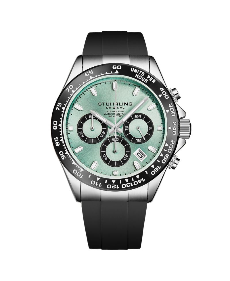 Aquamaster 4050 Men's 43mm VK63 Meca-Quartz Chronograph Watch, Ice Blue Sunray Dial, Black Tachymeter Bezel, Black Silicone Strap, 100M WR