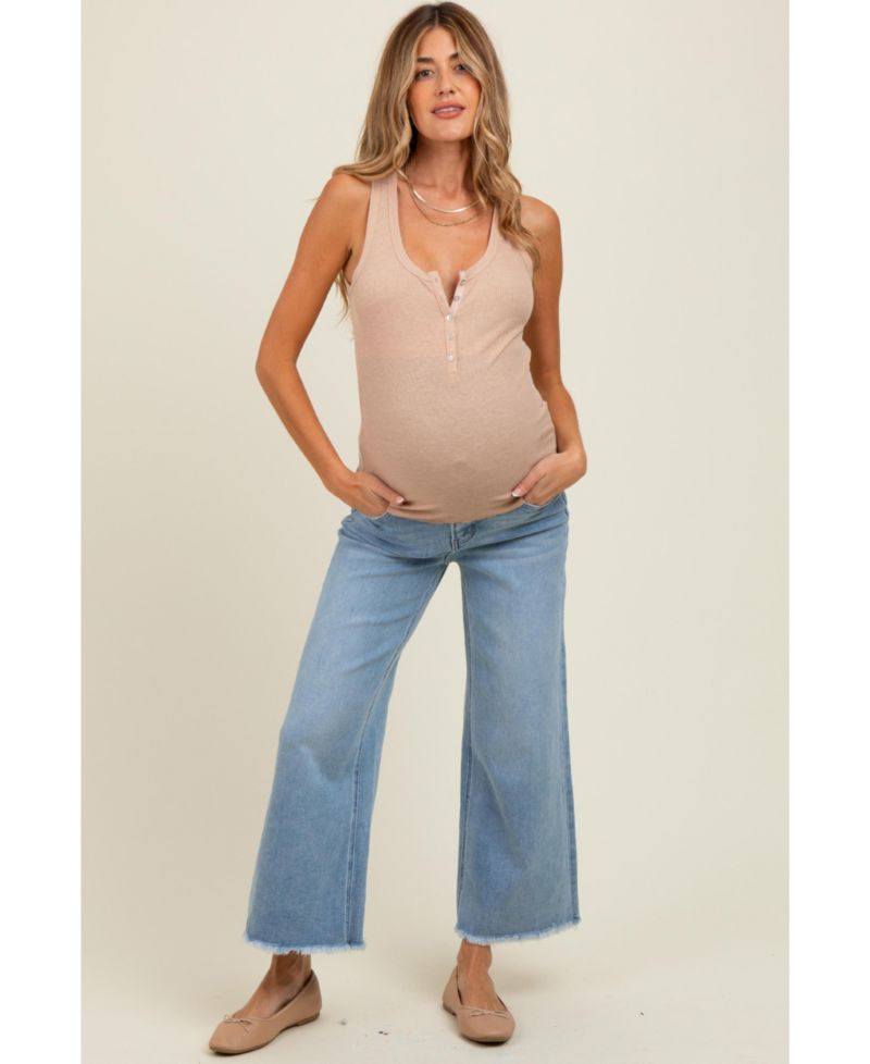 Maternity Blue Fringe Hem Ankle Wide Leg Jeans