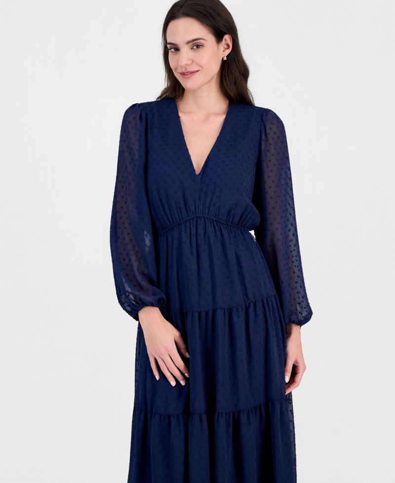 Women's Long-Sleeve V-Neck Tiered Maxi Dress
