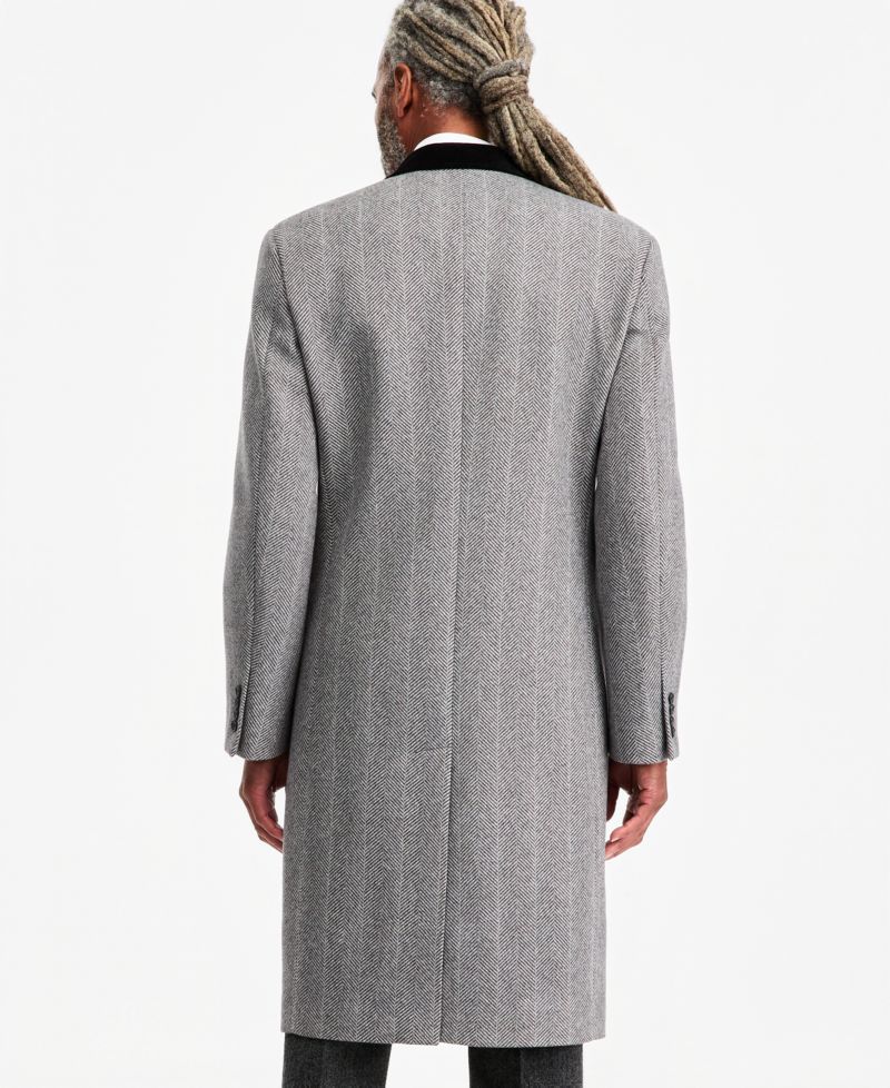 Men's Classic-Fit Herringbone Light Gray Double-Breasted Overcoat
