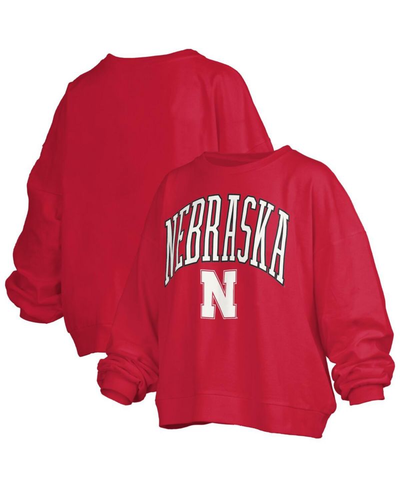 Women's Scarlet Nebraska Huskers Janise Arch Over Logo Waist Length Oversized Pullover Sweatshirt
