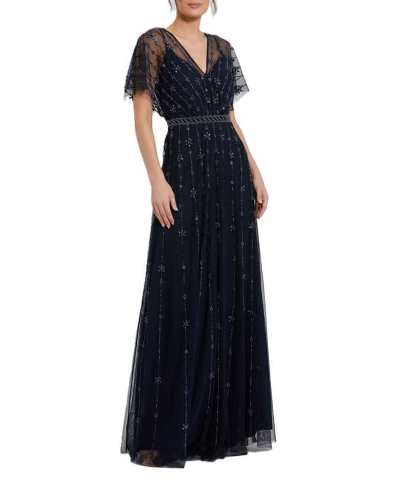 Women's V Neck Embellished Flutter Sleeve A Line Gown