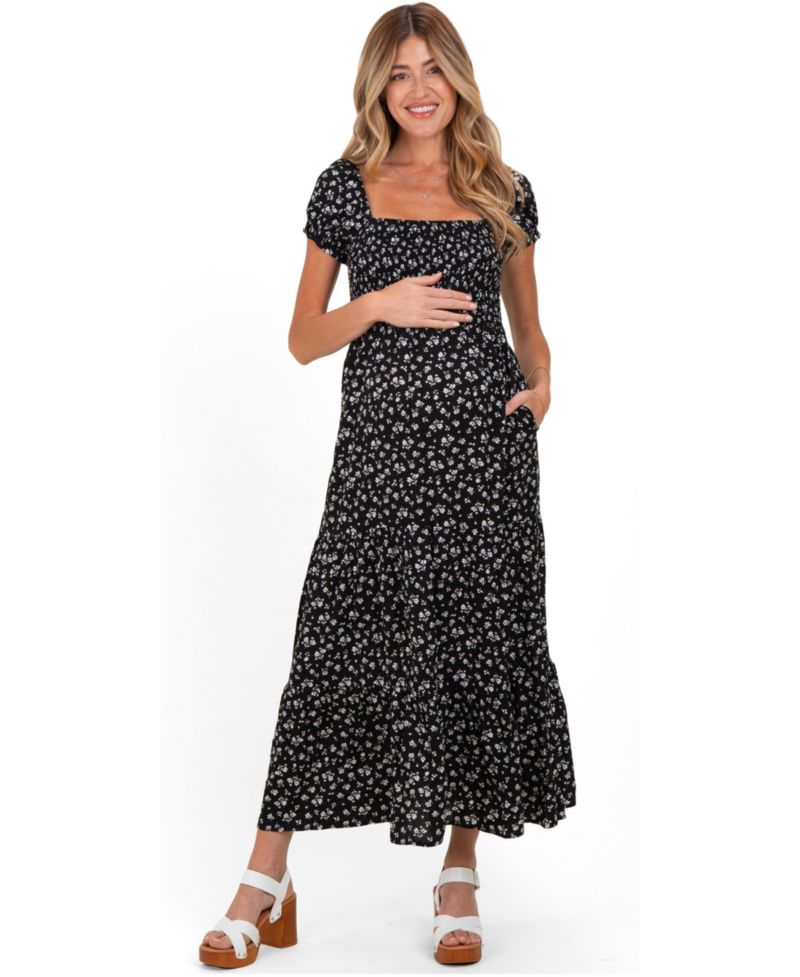 Women's Black Floral Smocked Puff Sleeve Maxi Dress