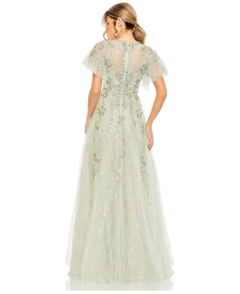 Women's Illusion Neck Beaded Lace Flutter Sleeve Ball Gown