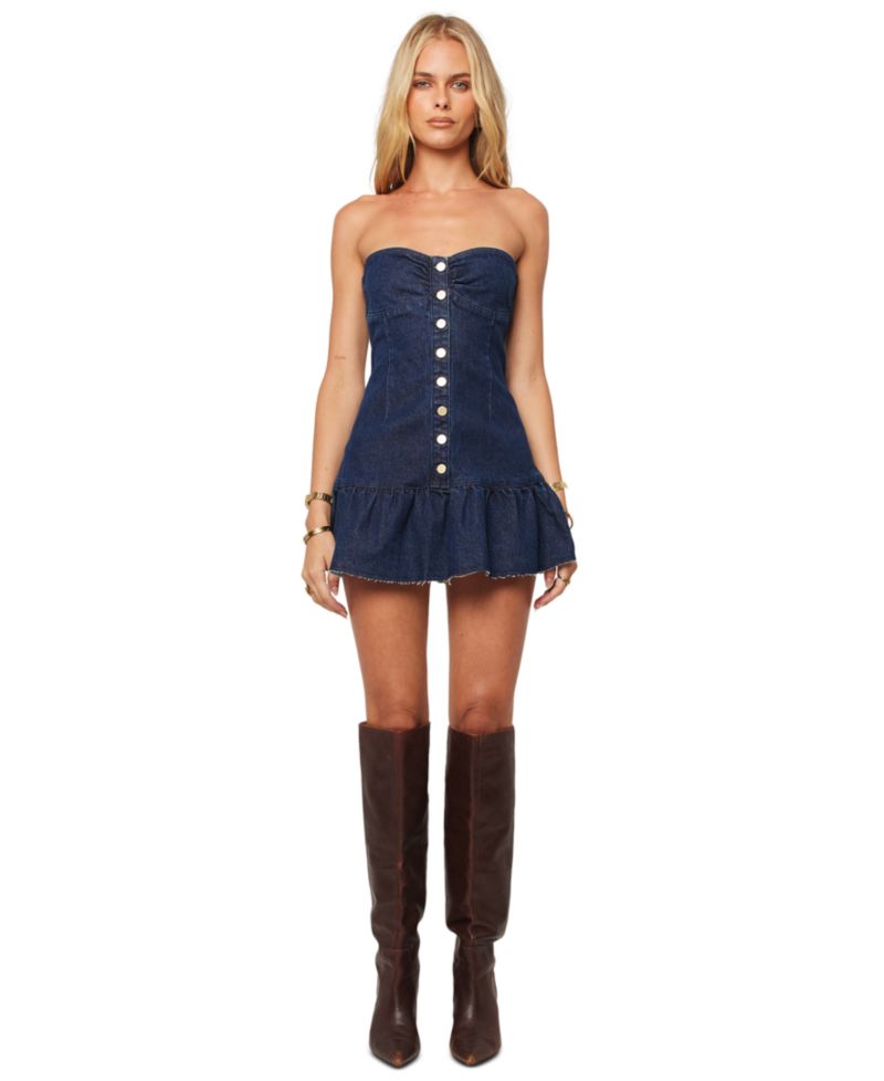 Juniors' Honey Pie Strapless Ruffled-Hem Fitted Denim Dress
