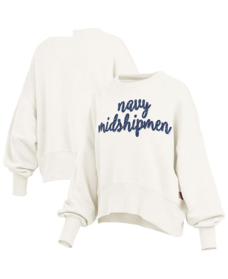 Women's Cream Navy Midshipmen Oversized Chelsea Waist Length Pullover Sweatshirt