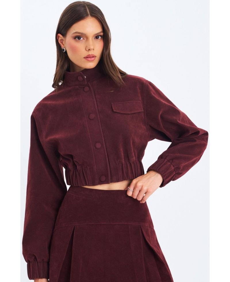 Women Farryn Mahogany Faux Suede Cropped Bomber Jacket