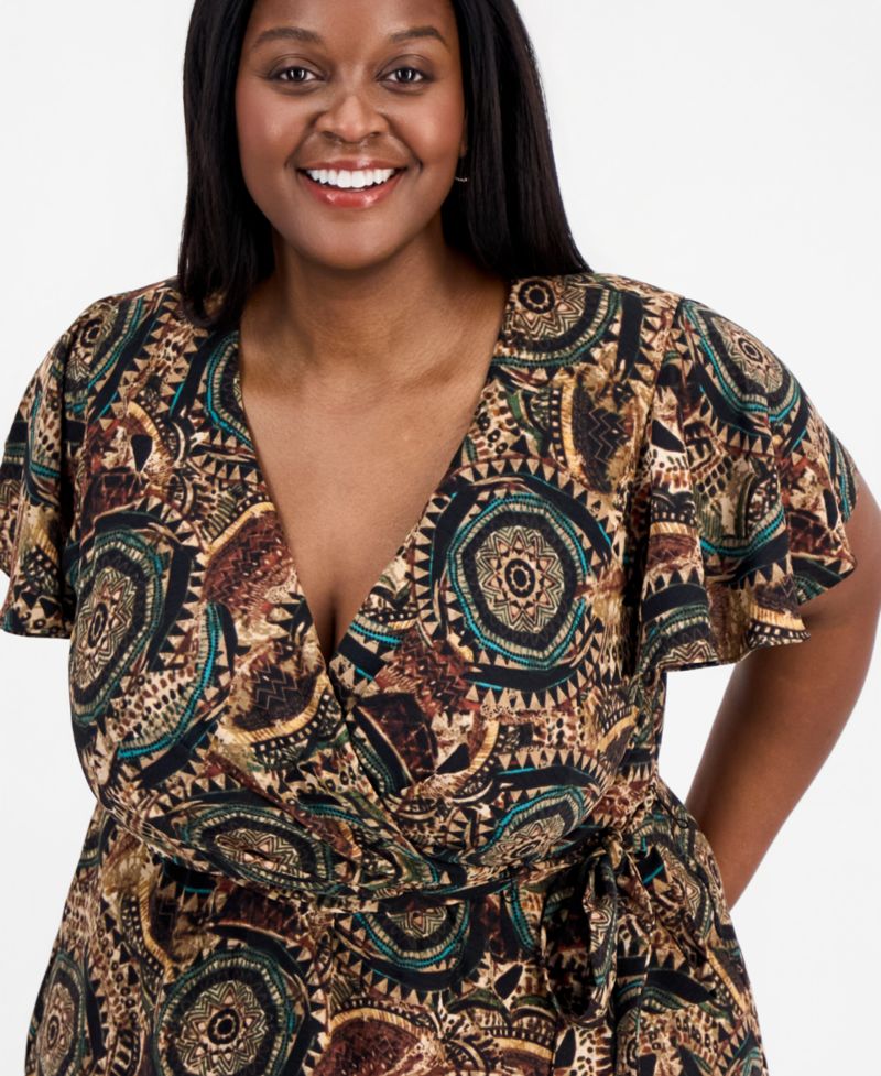 Plus Size Printed Faux-Wrap Flutter-Sleeve Dress
