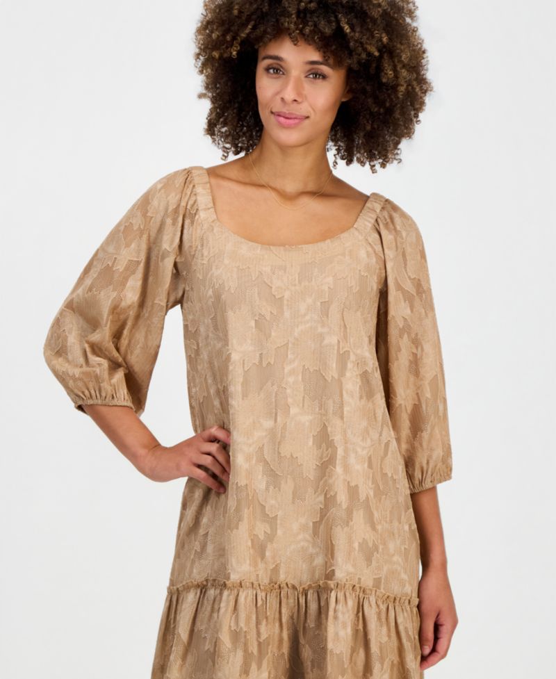 Women's Floral-Burnout Scoop Neck Ruffle-Hem A-Line Dress