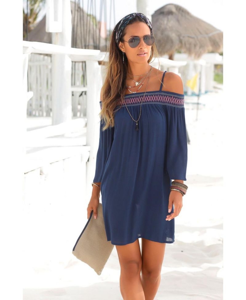 Women's Viscose Embroidered Cold Shoulder Short Dress