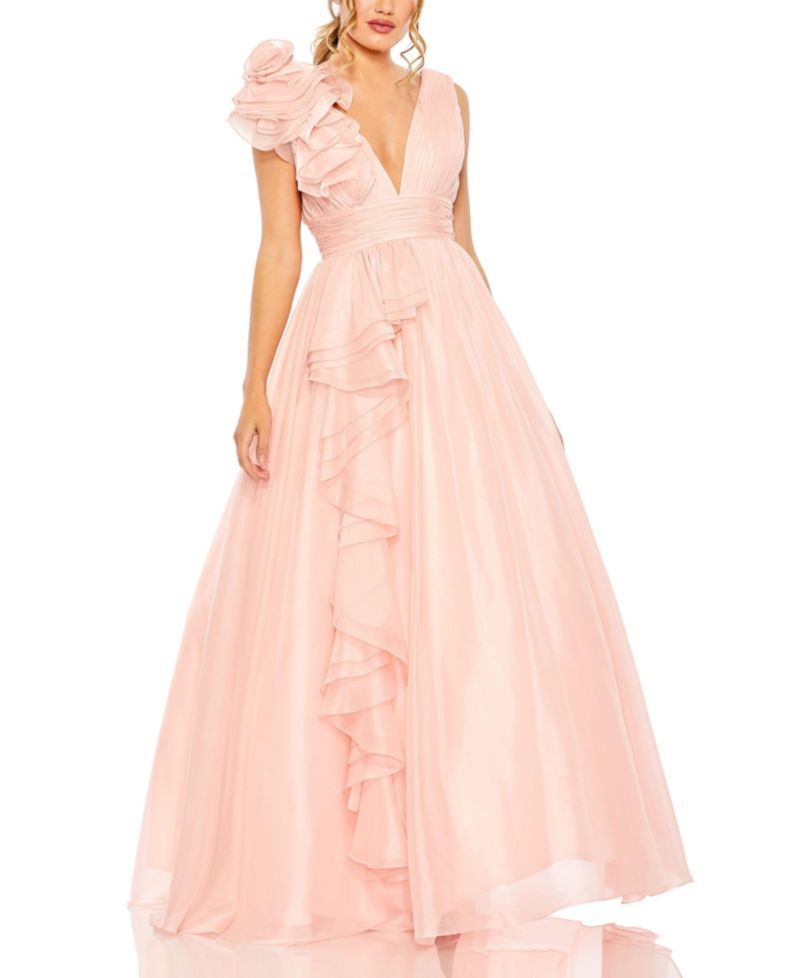 Women's One-Shoulder Ruffle Ball Gown with Plunging V-Neck