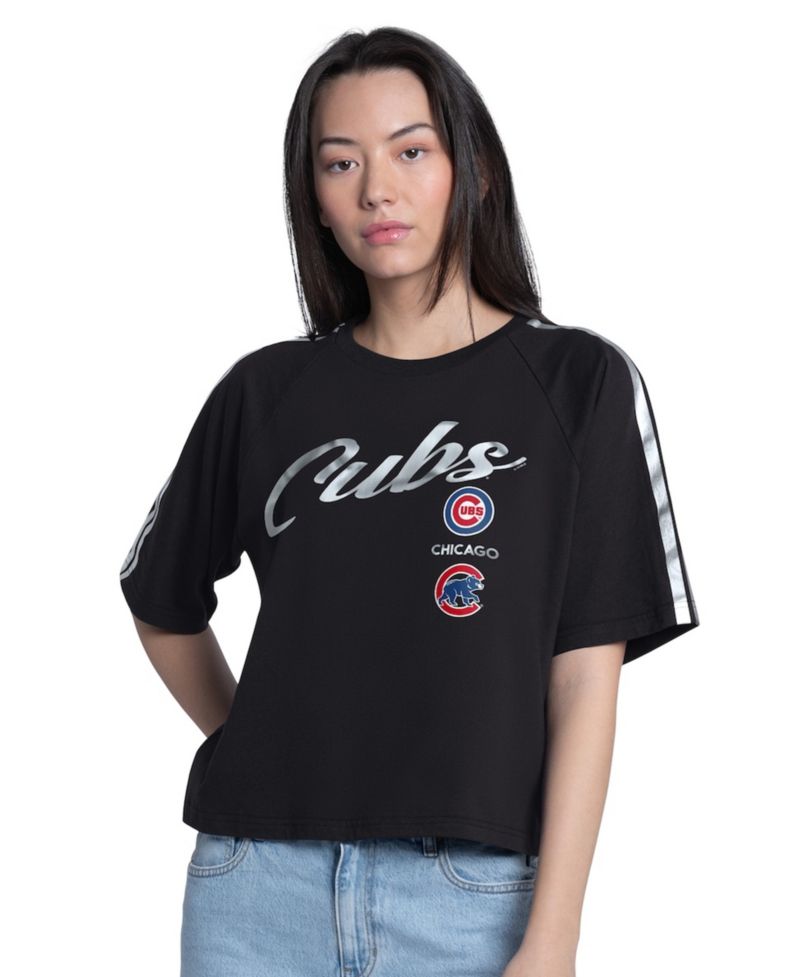 Women's Black Chicago Cubs Classic Play Cropped Raglan T-Shirt