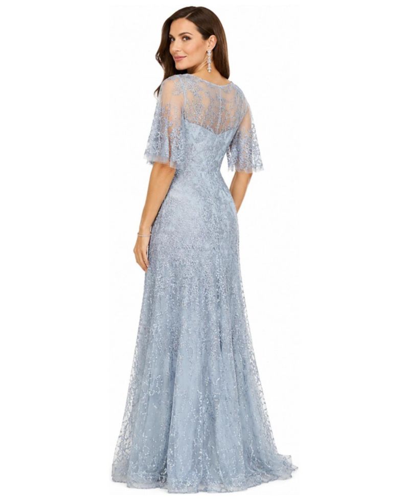 Women's Cape-Sleeve A-Line Pearl-and-Rhinestone Gown