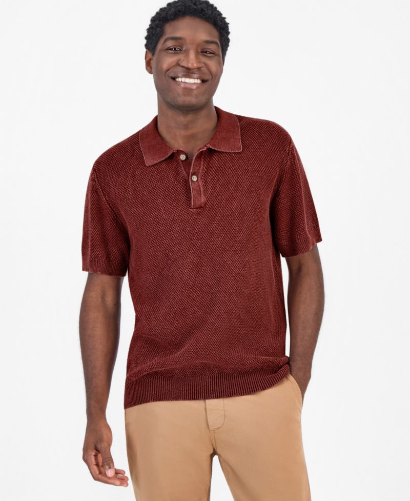 Men's Short-Sleeve Textured Polo Sweater