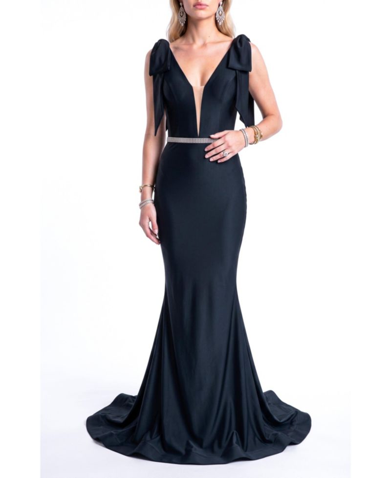 Women's Bow Shoulder Plunge Mermaid Evening Gown