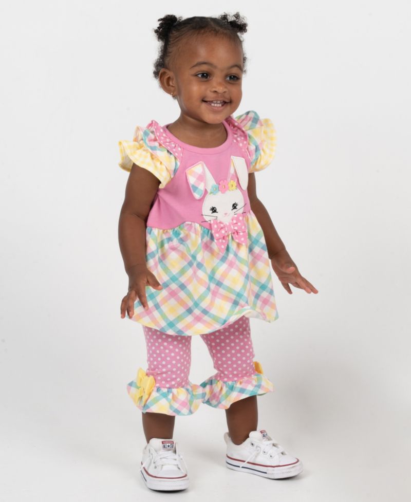 Baby Girls' Bunny Mixed Check Applique Knit Round Neck Top and Polka Dot Leggings, 2-Piece Set