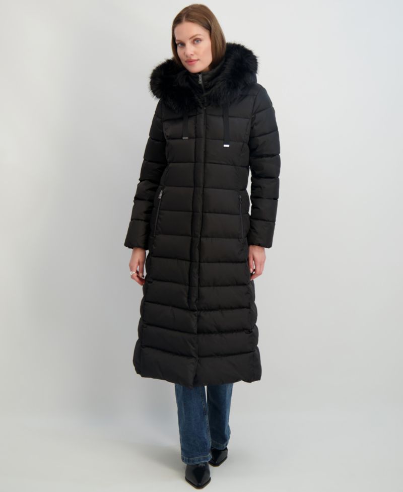 Womens Maxi Shine Bibbed Faux-Fur-Trimmed Hooded Puffer Coat