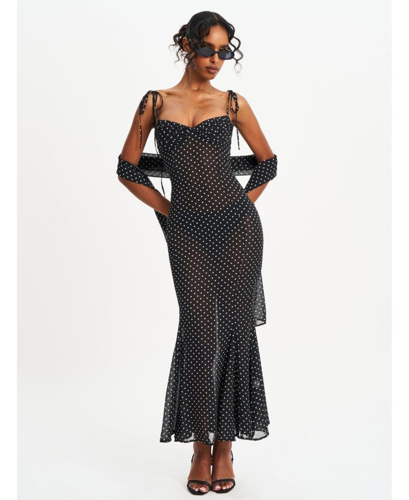 Women's Yadira Black Base Polka Dot Chiffon Maxi Dress