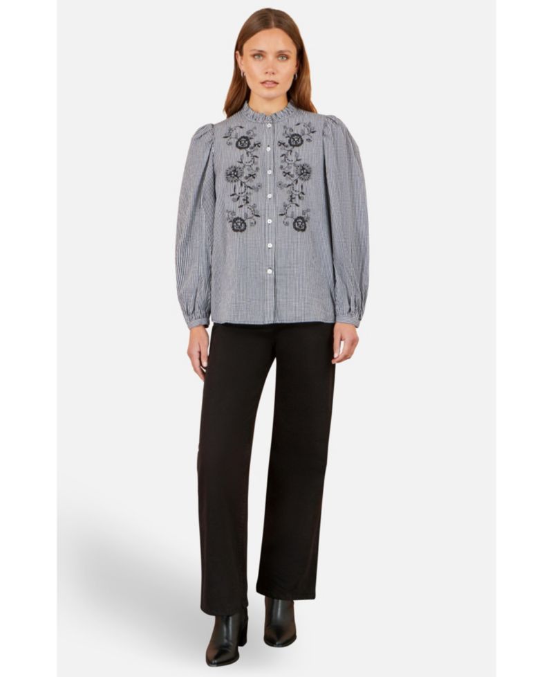 Women's Gingham Embroidered Long-Sleeve Blouse