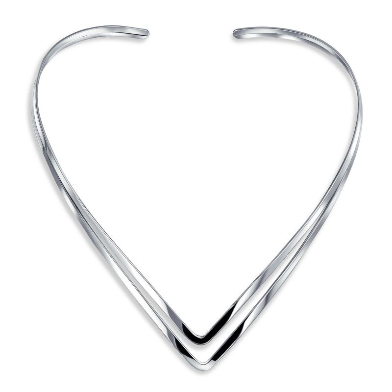 Double V Shape Geometric Collar Statement Necklace .925 Sterling Silver