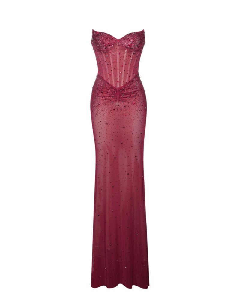 Women's Fatima Burgundy Crystal Sleeveless Corset Mermaid Maxi Dress