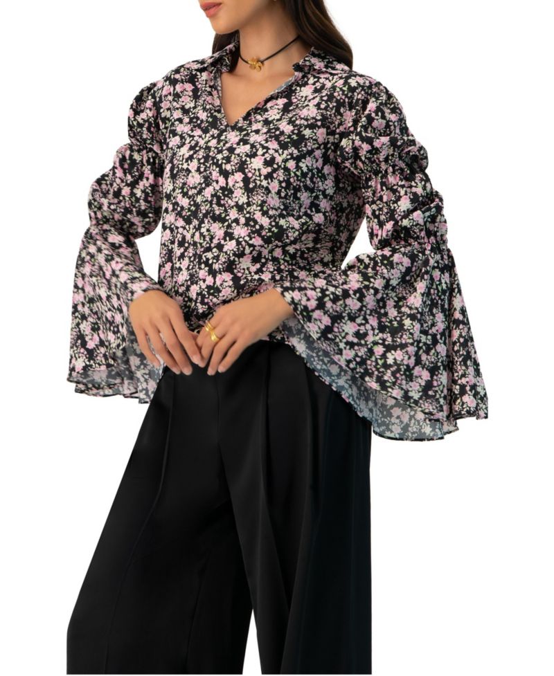 Women's Collared Long Sleeve Floral Print Blouse