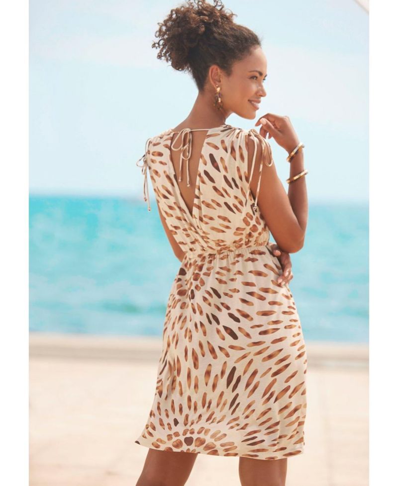 Women's Viscose Printed Tie Detail V-Neck Elastic-Waist Short Dress