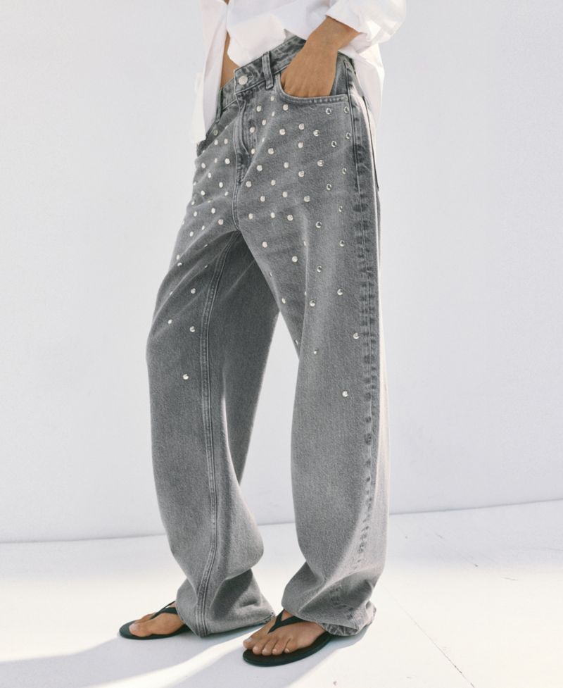 Women's Mid-Rise Wide-Leg Studded Jeans