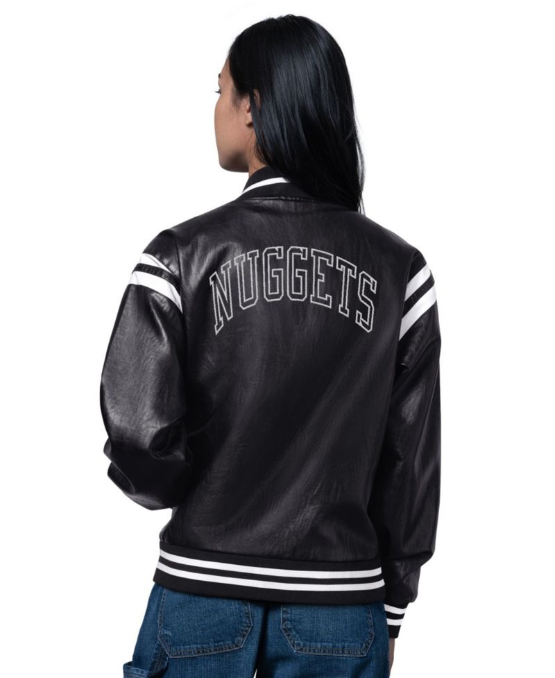 Women's Black Denver Nuggets High Heat Leather Varsity Full-Snap Jacket