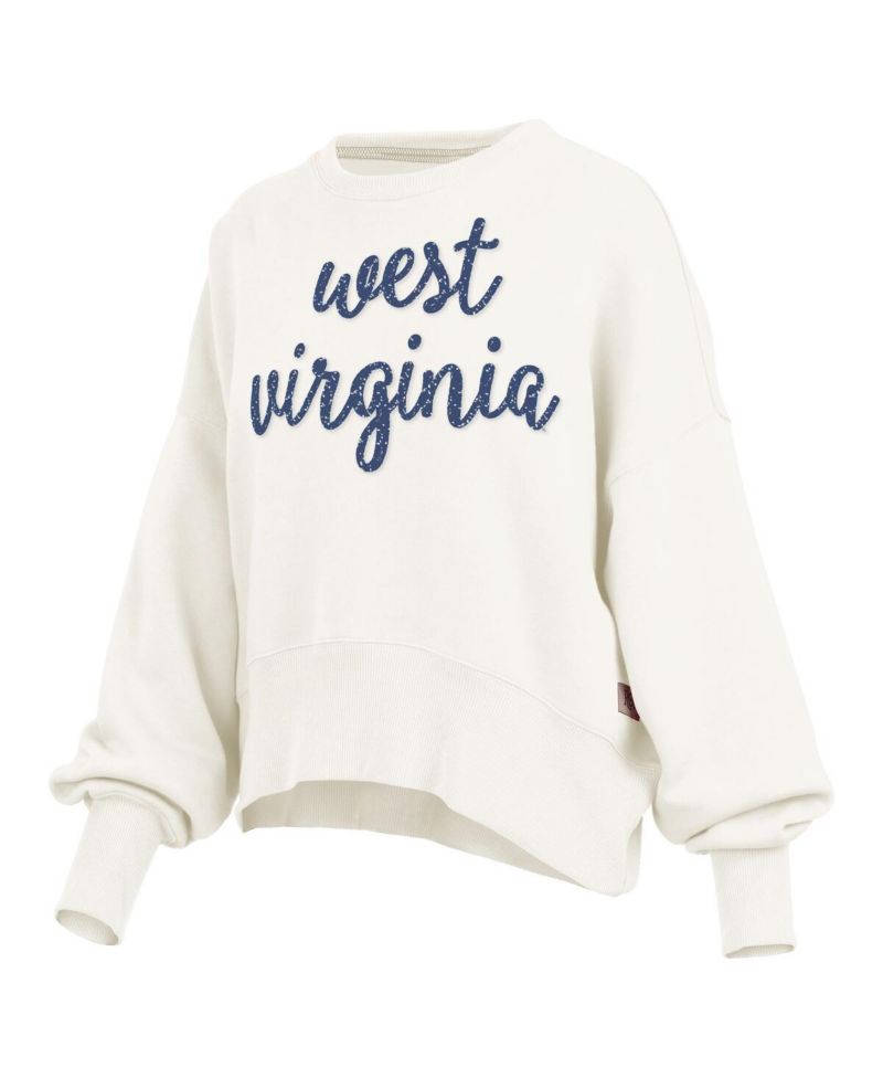 Women's Cream West Virginia Mountaineers Oversized Chelsea Waist Length Pullover Sweatshirt
