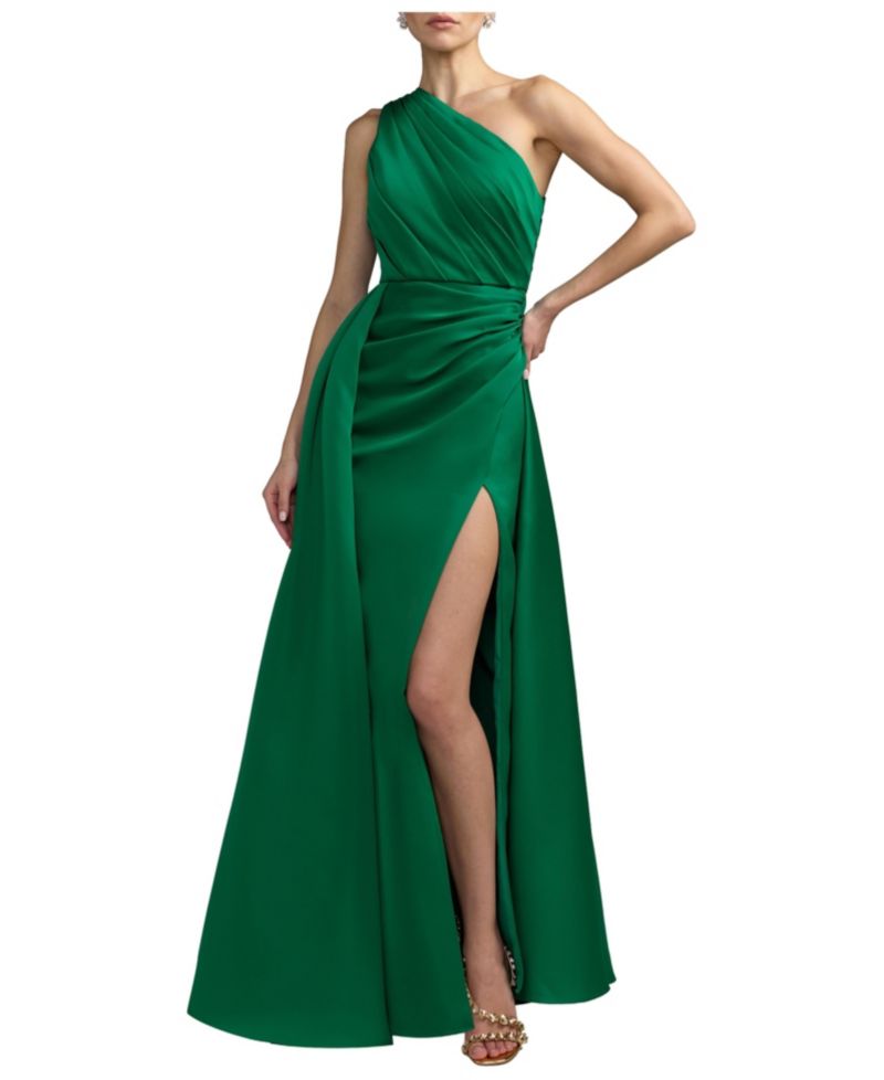 Women's One Shoulder Draped Satin Gown with Overskirt