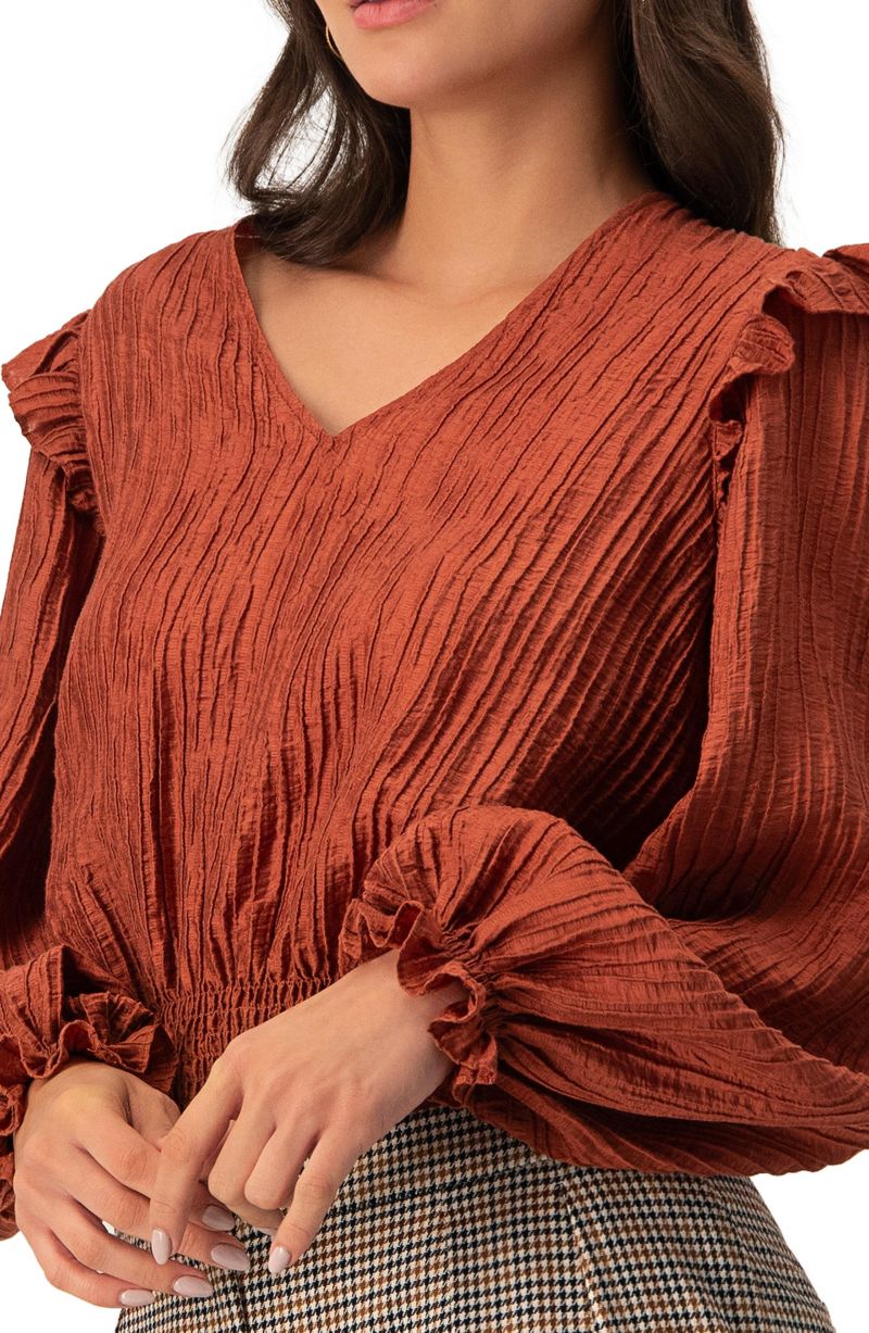 Women's V-Neck Smocked Blouse with Ruffle Sleeves