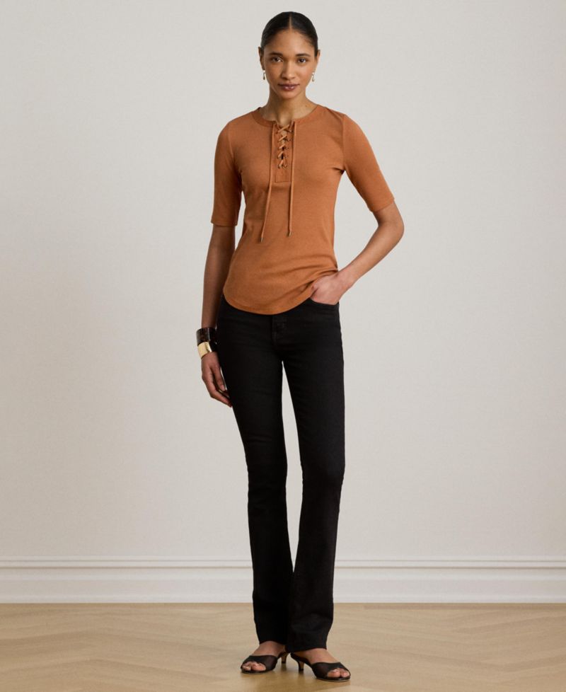 Women's Crewneck Lace-Up Ribbed Elbow-Sleeve T-Shirt
