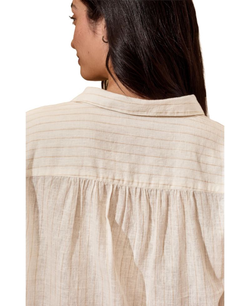 Women's Draped Boxy Collared Striped Button-Up Shirt