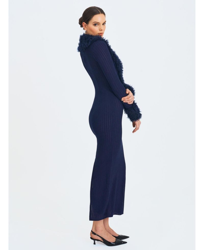 Women's Romina Plunging Fur Trimmed Crochet Maxi Dress