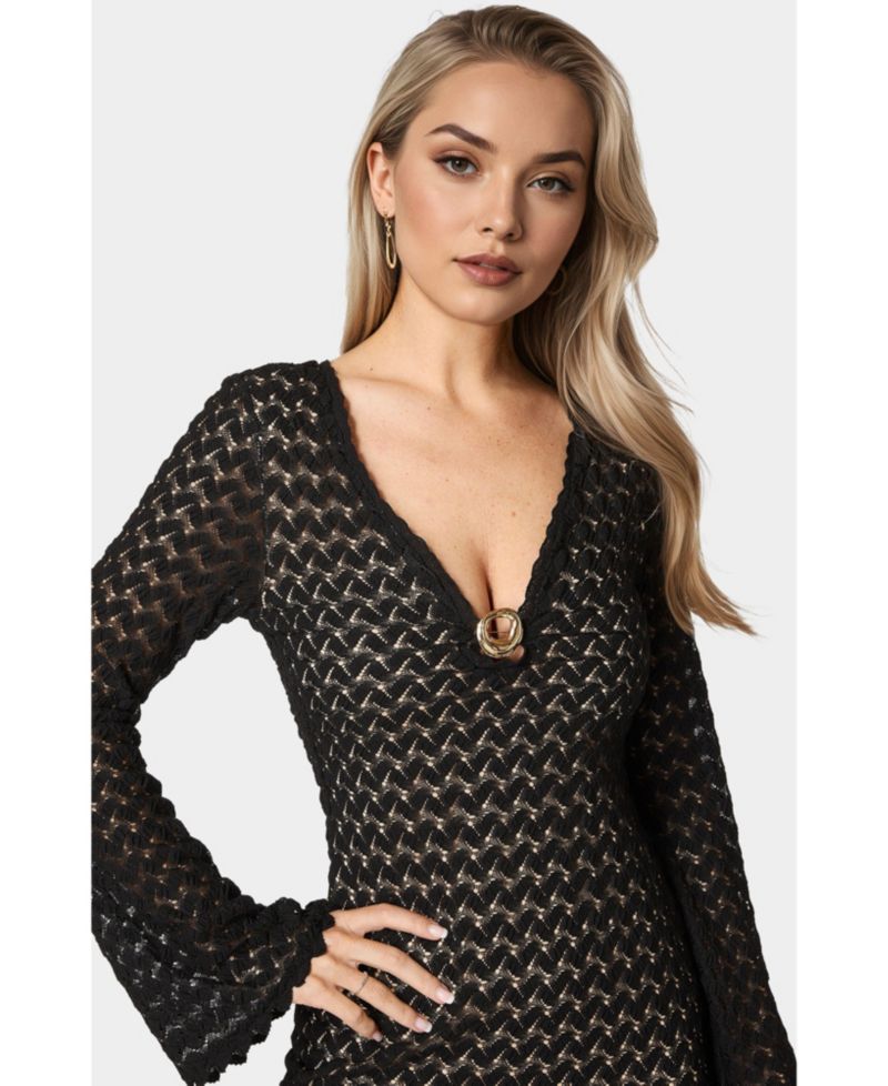 Women's Lace Bell Sleeves Keyhole Mini Dress