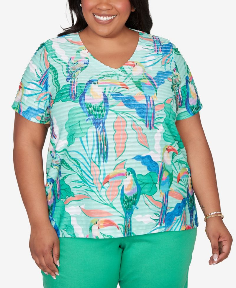 Plus Size Resort Living Toucan Textured Short-Sleeve Top
