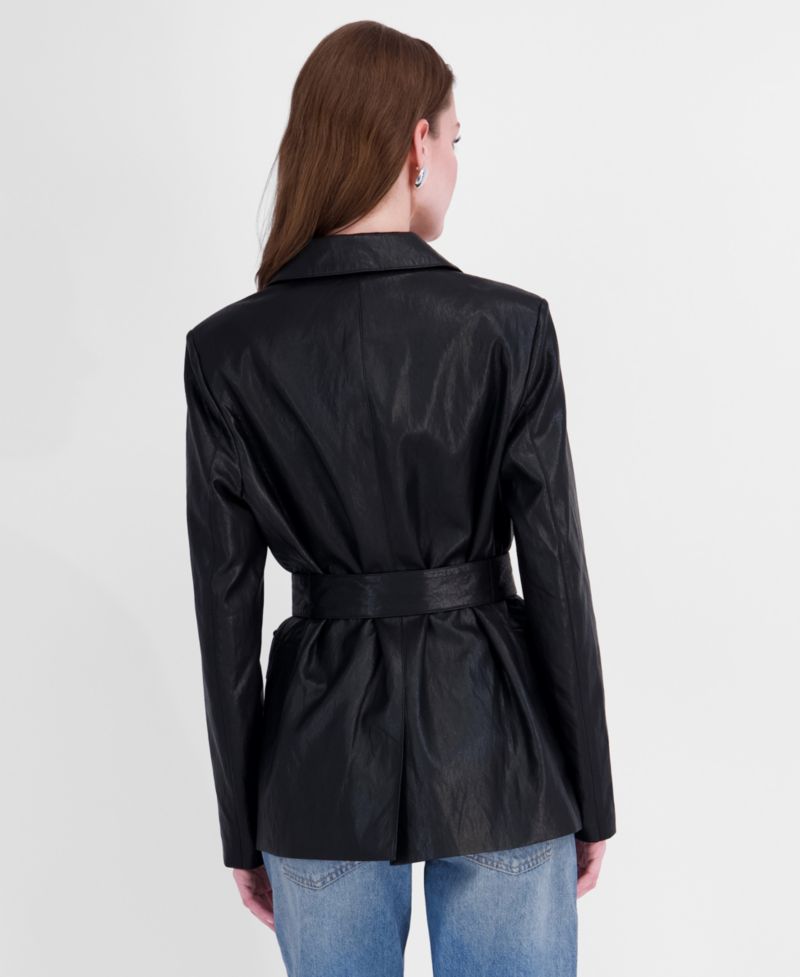 Women's Belted Faux Leather Trench Jacket