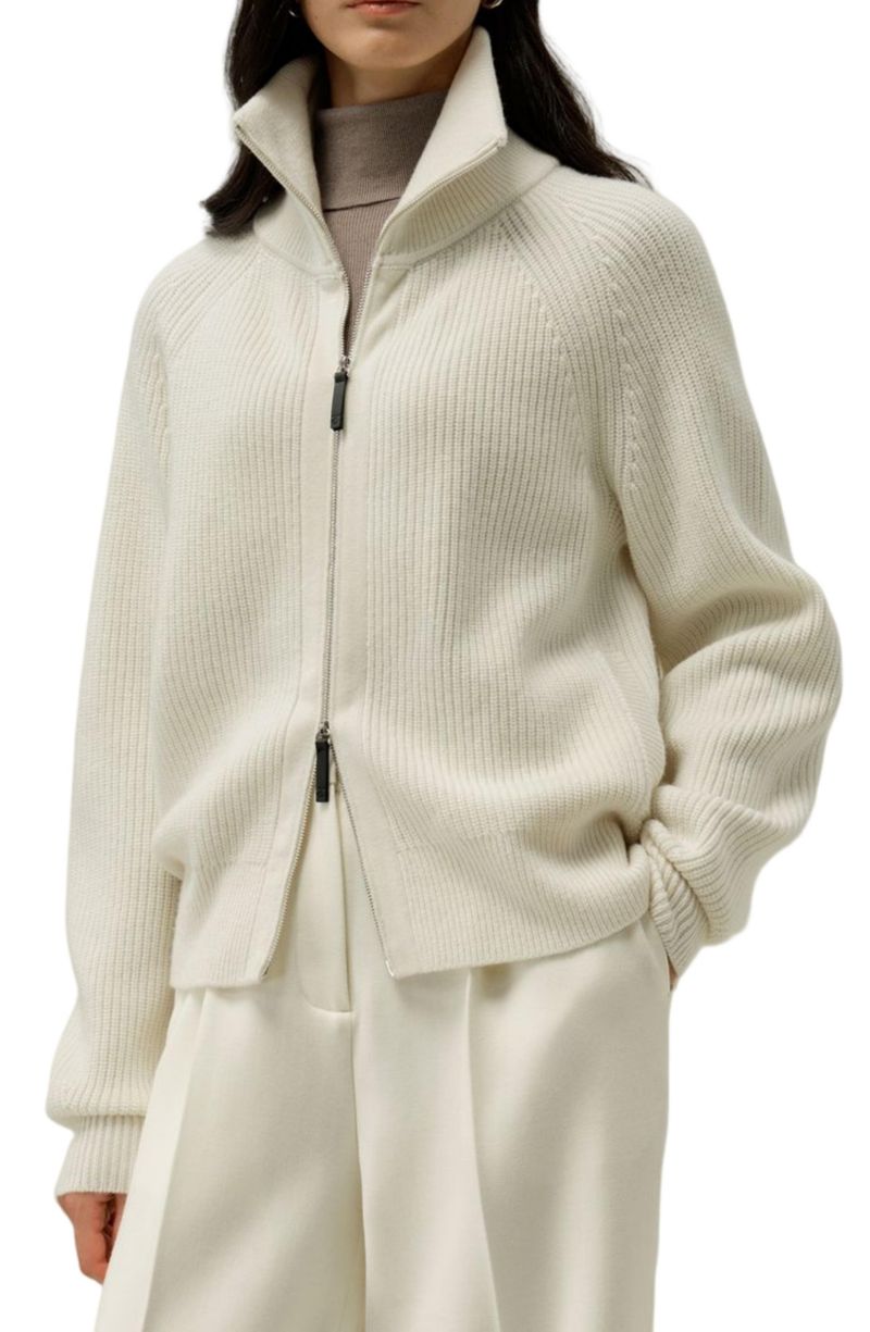 Women's Ribbed-knit Turtleneck Zip Cardigan