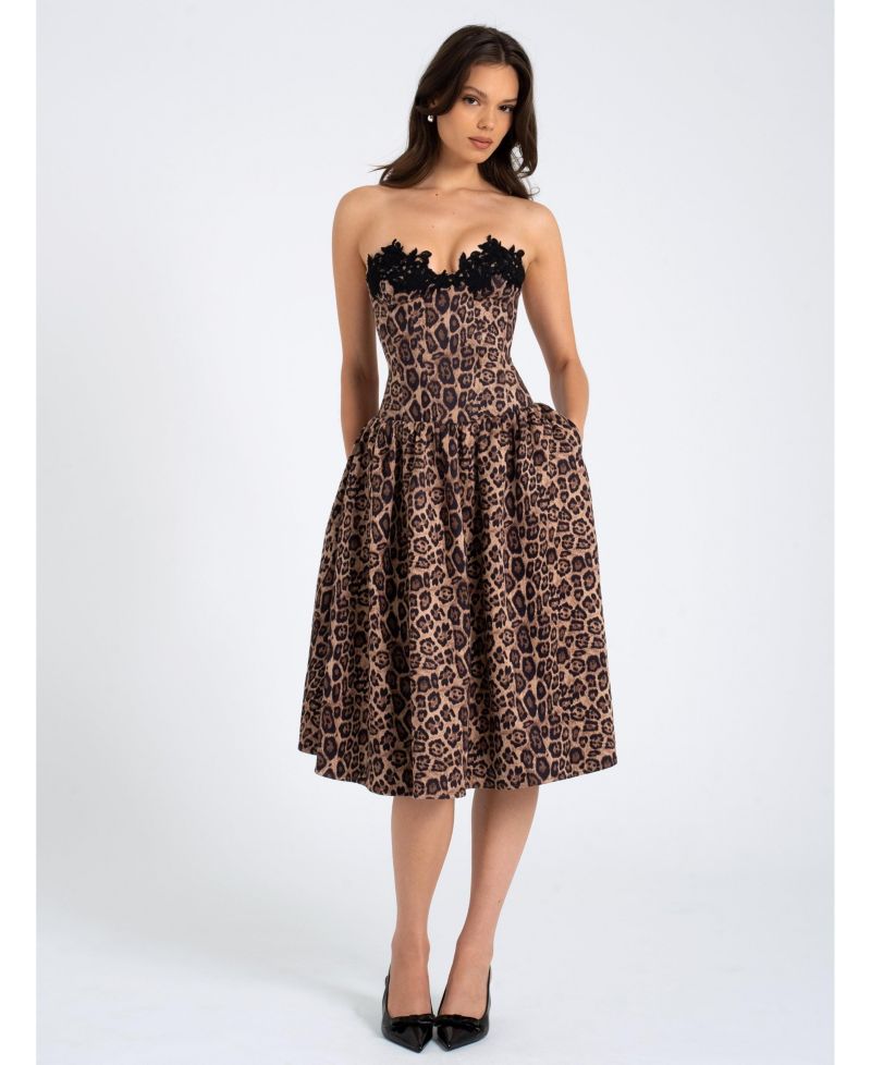 Women Uchenna Cheetah Print Stretchy Strapless Midi Dress with lace trim
