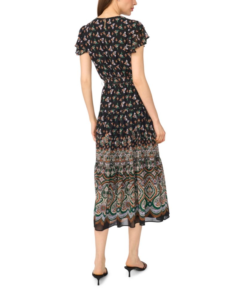 Women's Flutter-Sleeve Tie-Waist Midi Dress