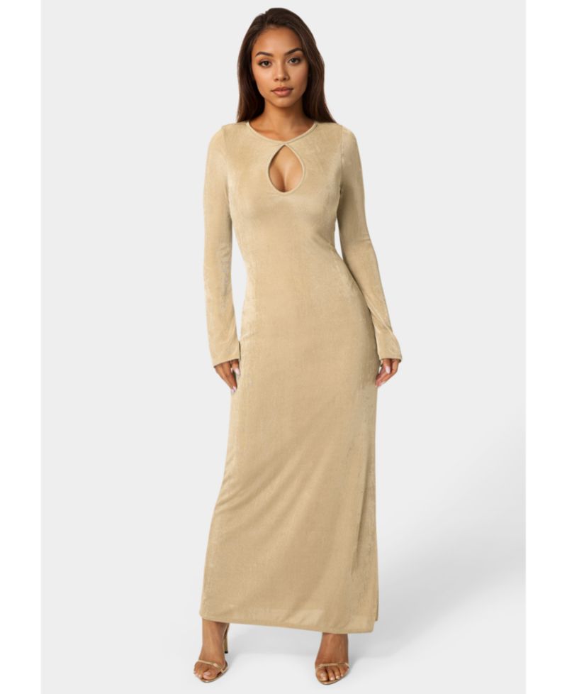 Women's Long Sleeve Open Neck Slinky Maxi Dress